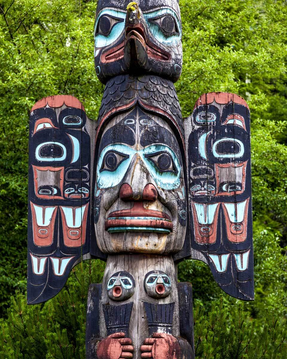 Carved totem pole in Ketchikan, Alaska