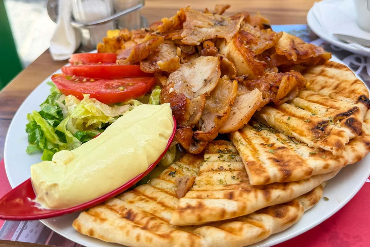 Chicken gyros in Iliadia Athens Greece on Hannah trip