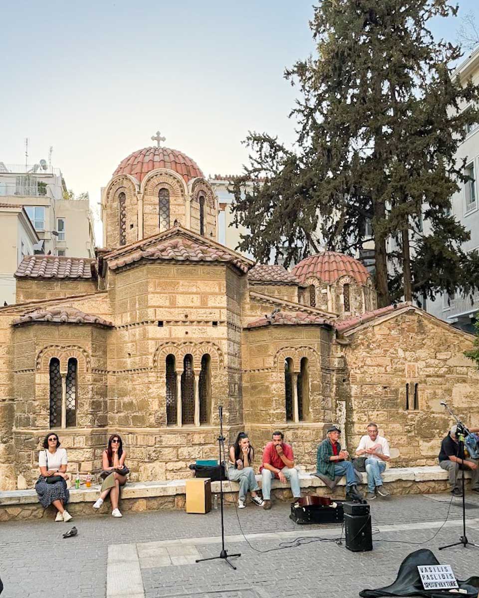 The historic Panagia Kapnikarea Church along Ermou Street in Athens