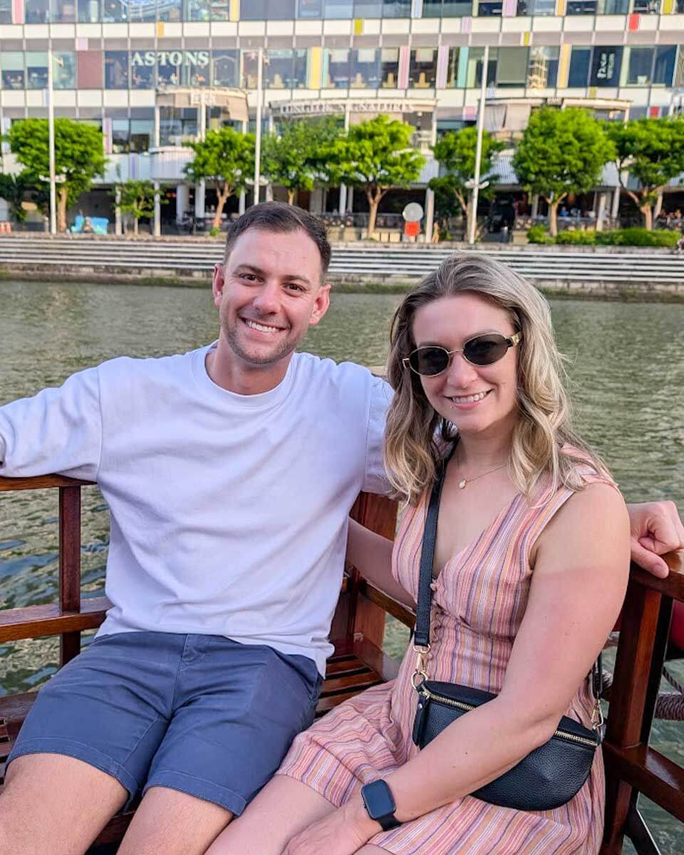 Bailey and Daniel on an evening river cruise in Singapore