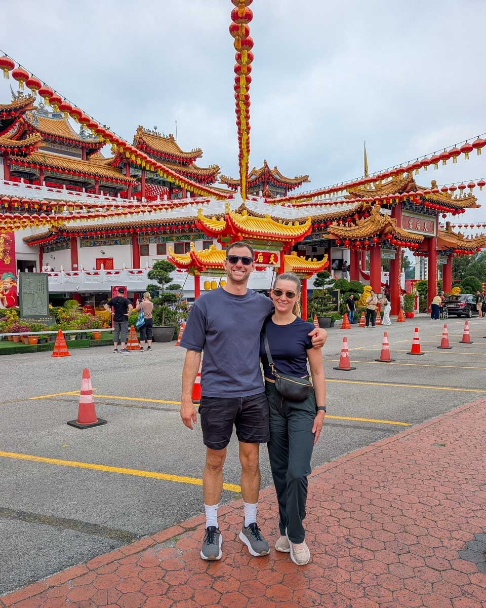 Daniel and Bailey posing outside Thean Hou Temple in Kuala Lumpur, Malaysia