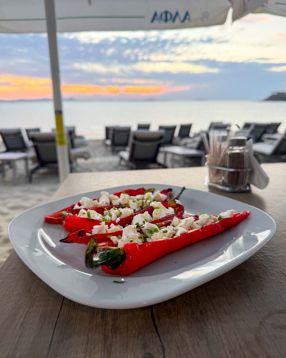 Feta stuffed peppers at Paradise Beach Cafe in Naxos Greece on Hannah trip 1