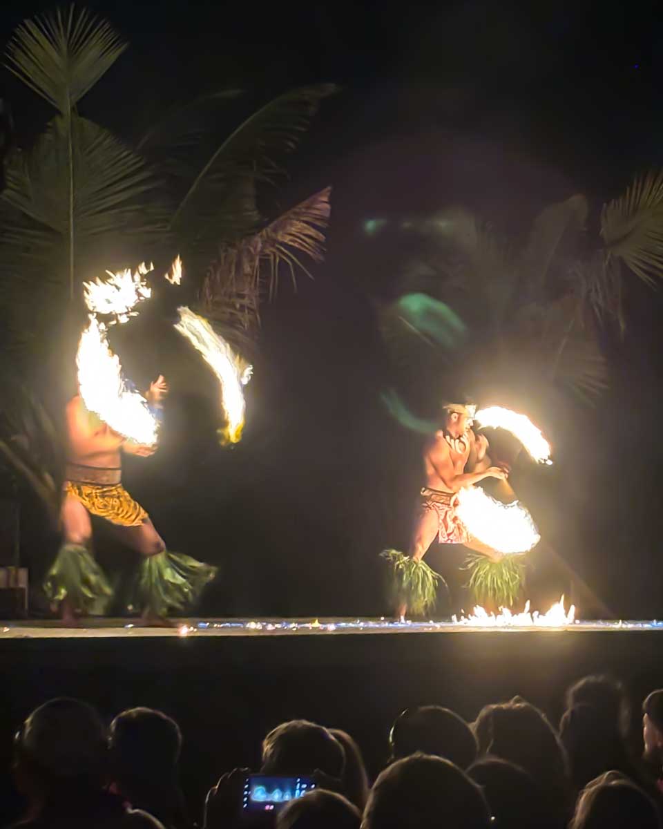 Fire dancers at Mauka Warriors Luau on Oahu, Honolulu, Hawaii 