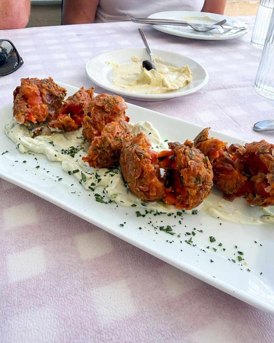 Greek appetizer served during a food tour in Santorini