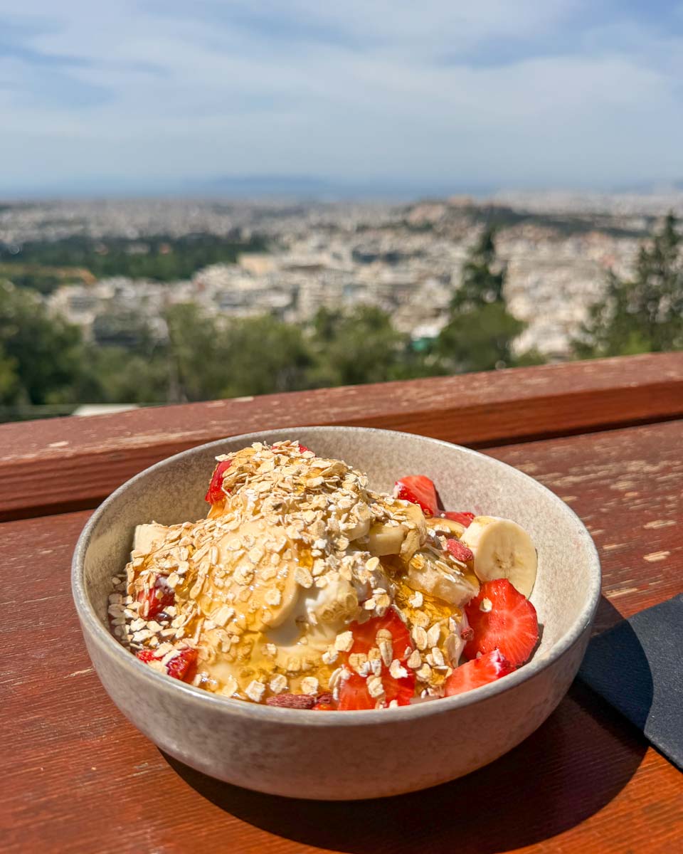 Greek yoghurt bowl on Lycabettus Hill in Athens Greece on Hannah trip