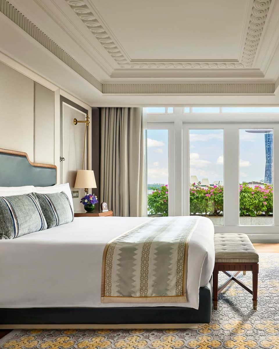 Guest room at the Fullerton Hotel Singapore