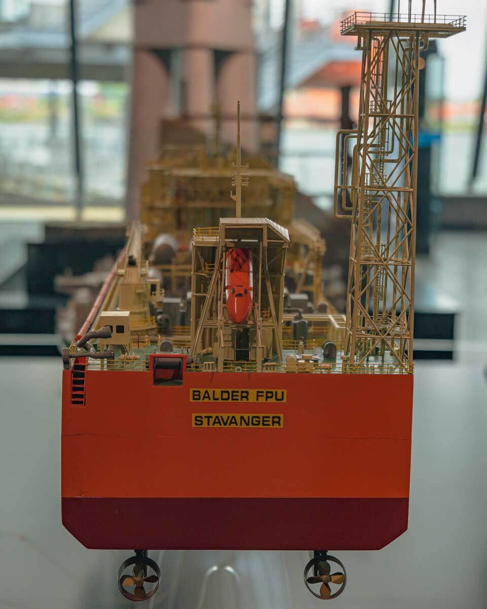 Indoor display of a detailed Balder FPU scale model at the Maritime Museum in Stavanger, Norway