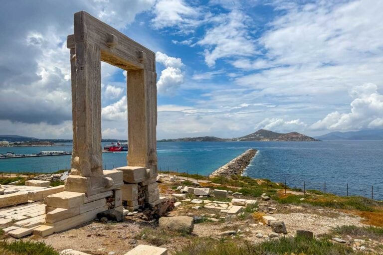 Looking at Portara in Naxos Greece on Hannah trip