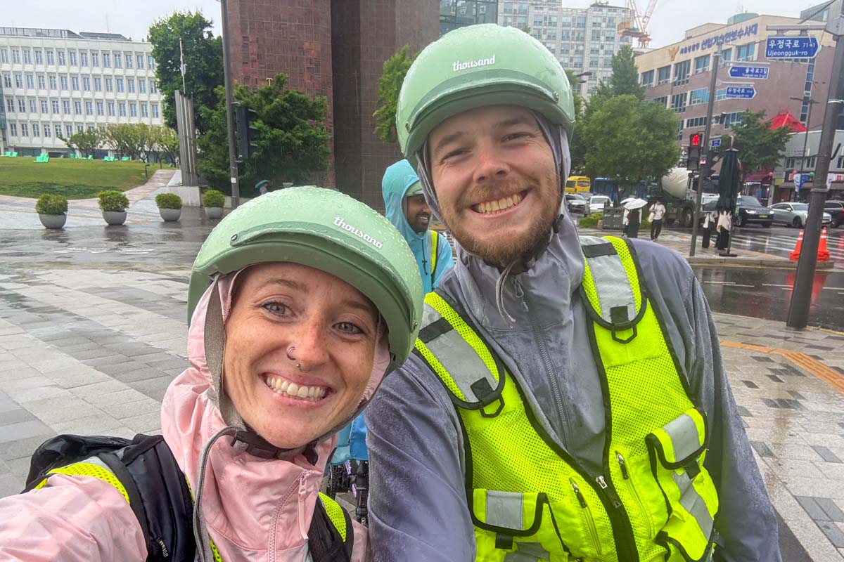 Meghan and Evan take a selfie on a bike tour in Seoul South Korea