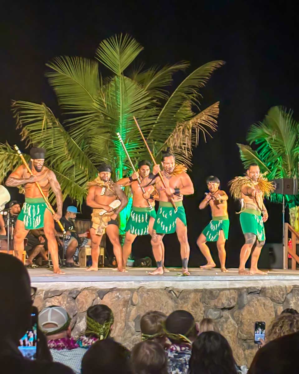 Men perform at the Mauka Warriors Luau on Oahu, Honolulu, Hawaii