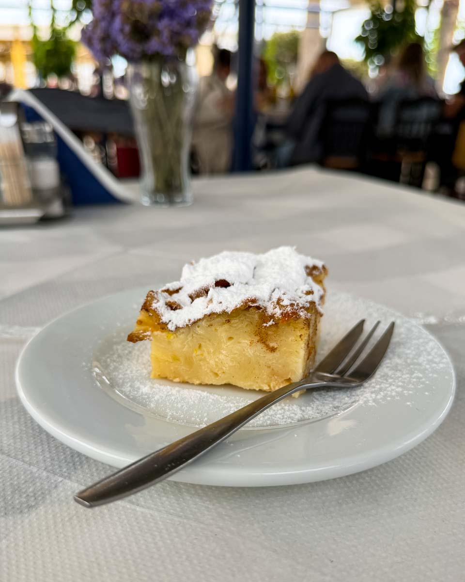 Milopita at Irini's restaurant in Naxos Greece on Hannah trip