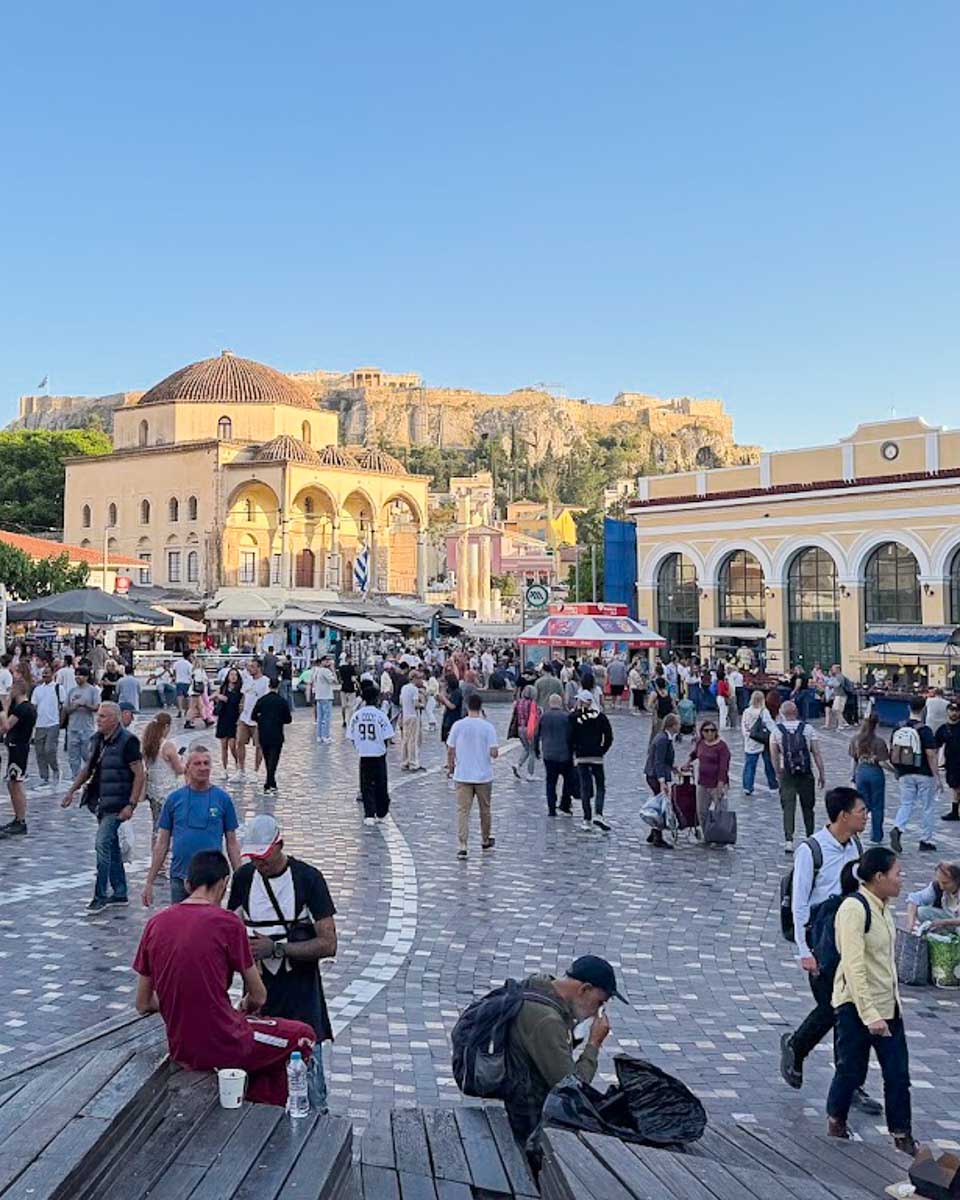 People exploring Monastiraki Square in central Athens, Greece