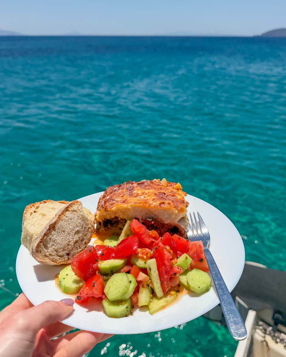 Moussaka lunch on catamaran cruise in Naxos Greece on Hannah trip