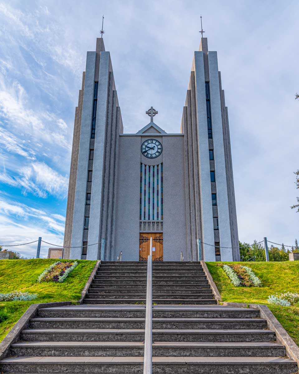 Outside Akureyrarkirkja church in Akureyri, Iceland