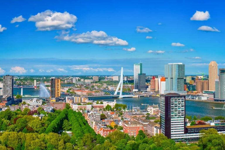 Panorama of Rotterdam city and the Erasmus bridge