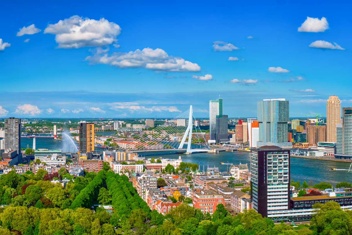 Panorama of Rotterdam city and the Erasmus bridge