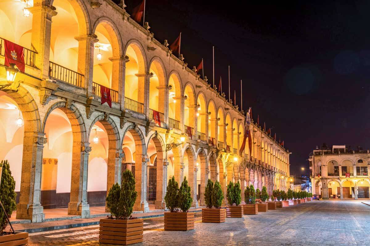 Plaza de Armas at night in Arequipa Peru