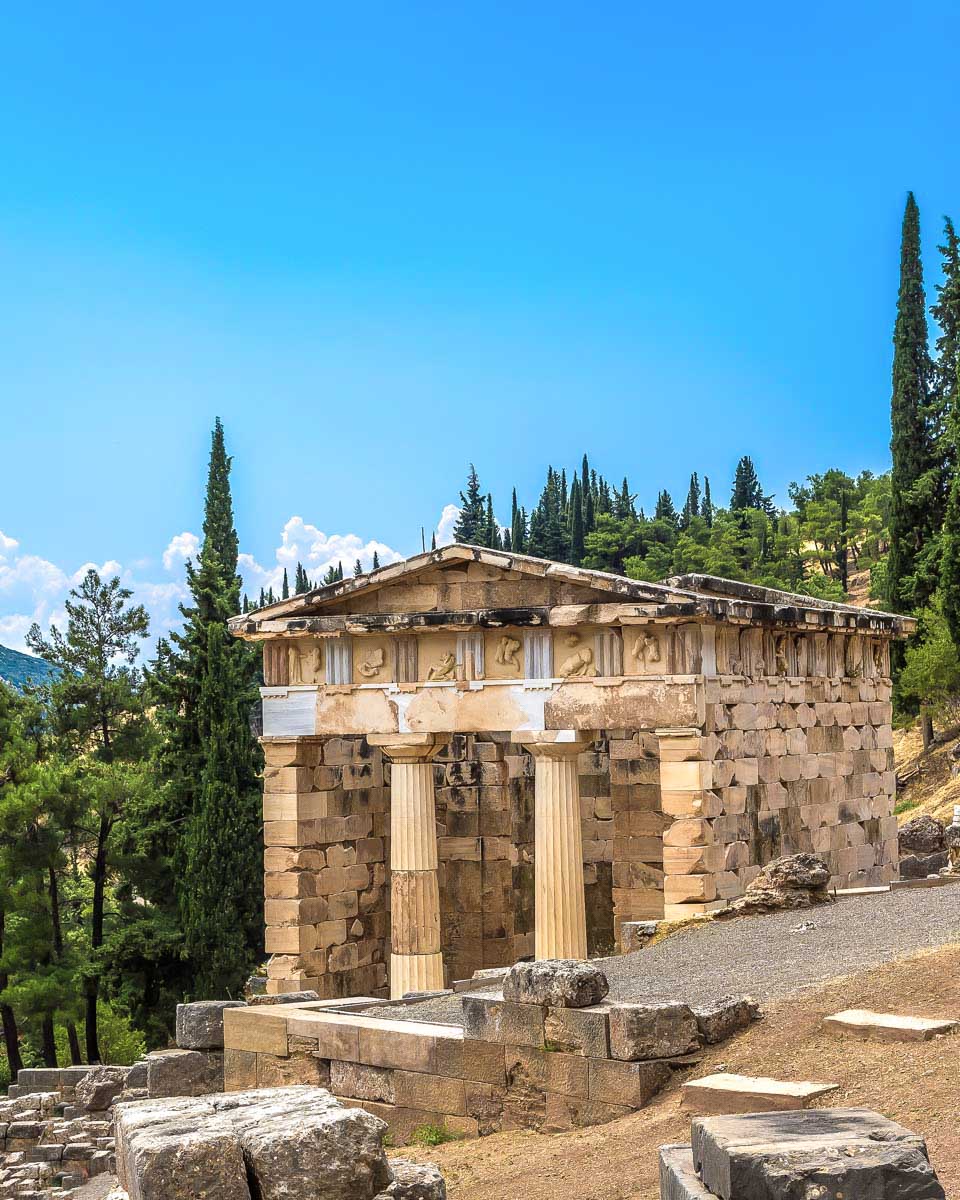 Ancient ruins at the Sanctuary of Apollo in Delphi, Greece
