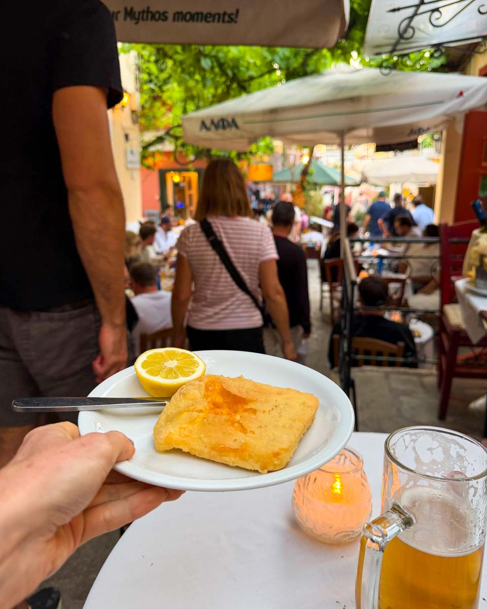 Saganaki at Palio Tetradio Athens Greece on Hannah trip