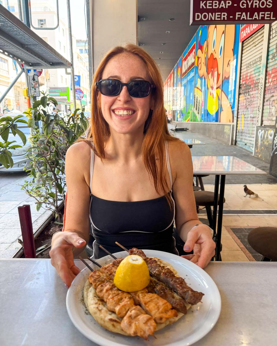 Souvlaki skewers on food tour in Athens Greece on Hannah trip