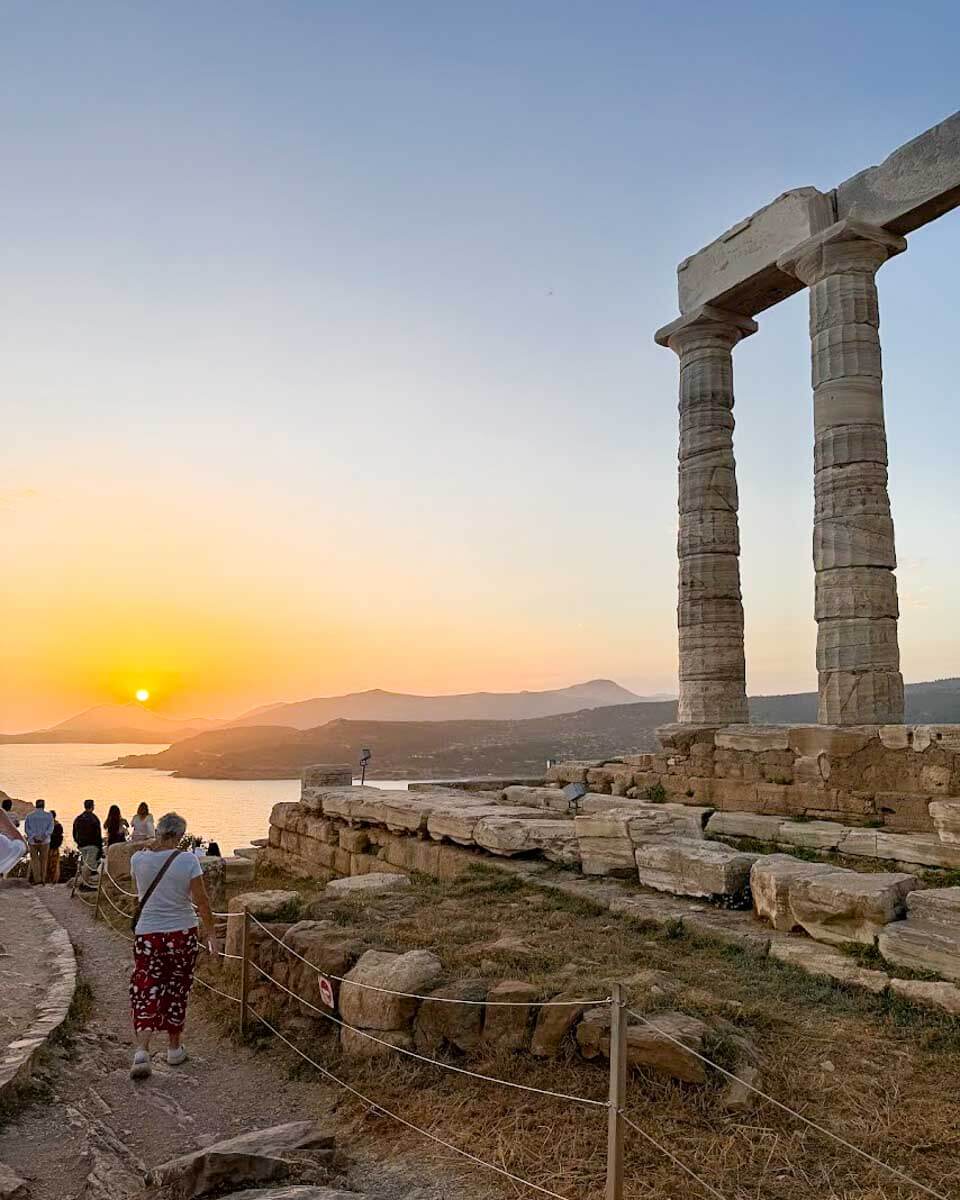 Sunset view of the Temple of Poseidon at Cape Sounion near Athens, Greece