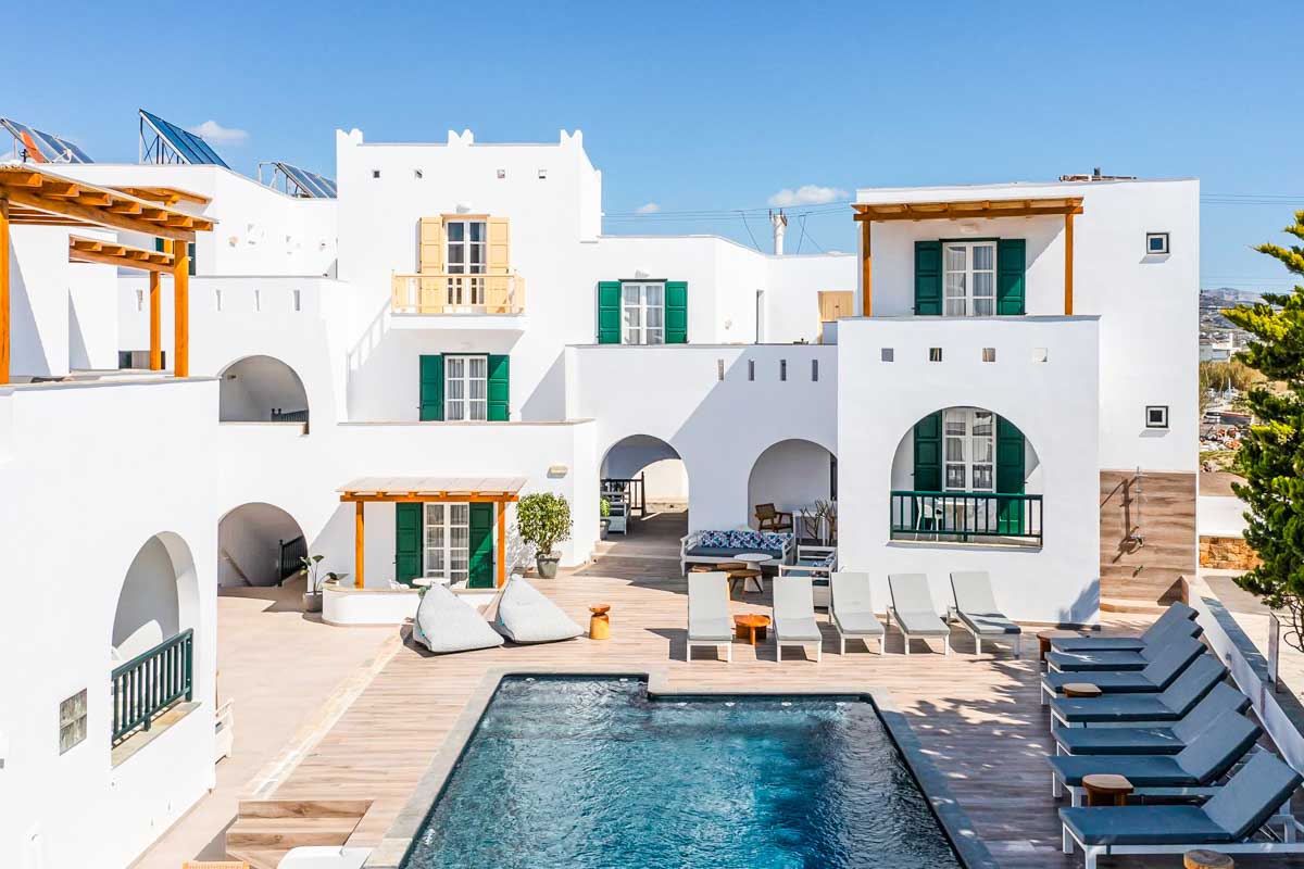 The outdoor pool area at Spiros Hotel in Naxos, Greece