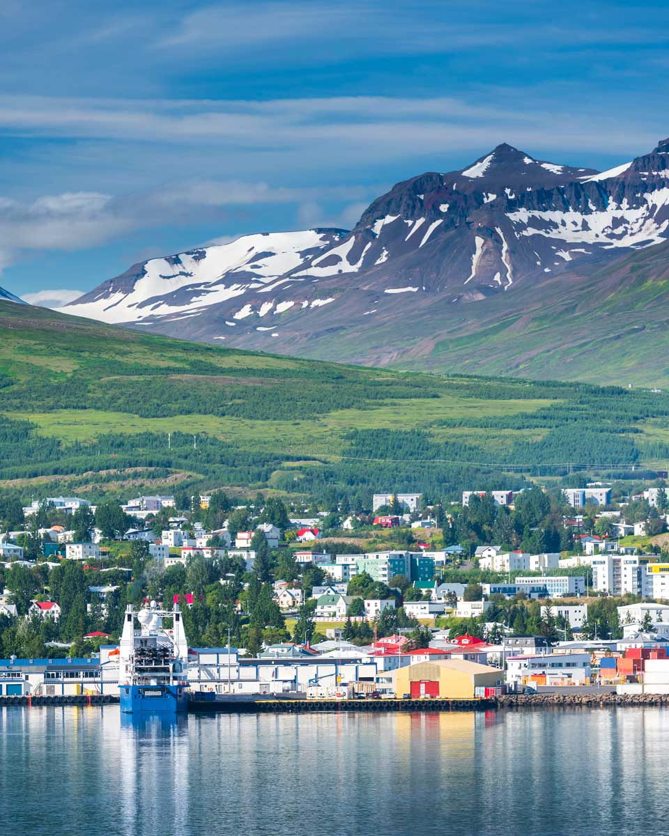 The town of Akureyri in Iceland on a summer day