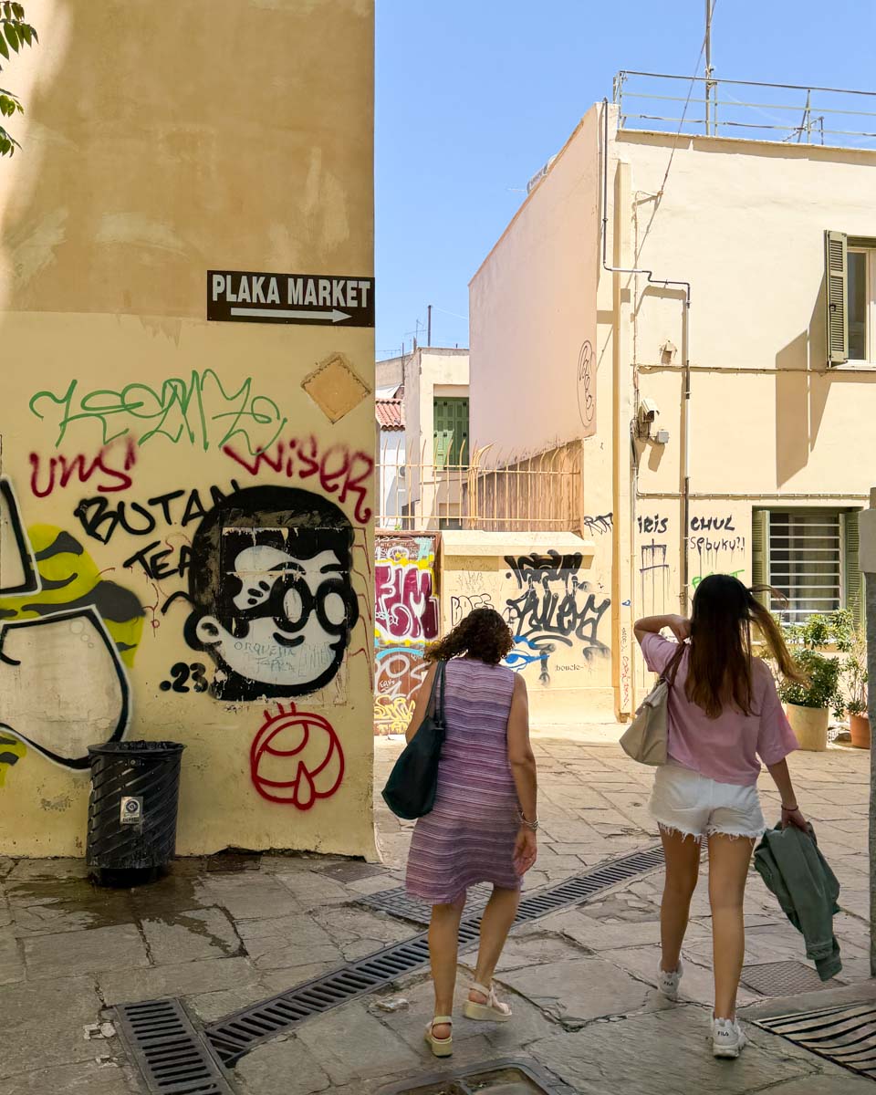 Two women on the way to Plaka market in Athens Greece on Hannah trip
