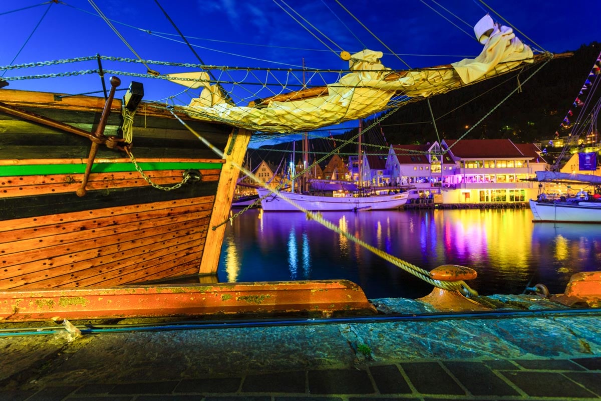 Vågen, Bergen Harbor at night in Bergen Norway