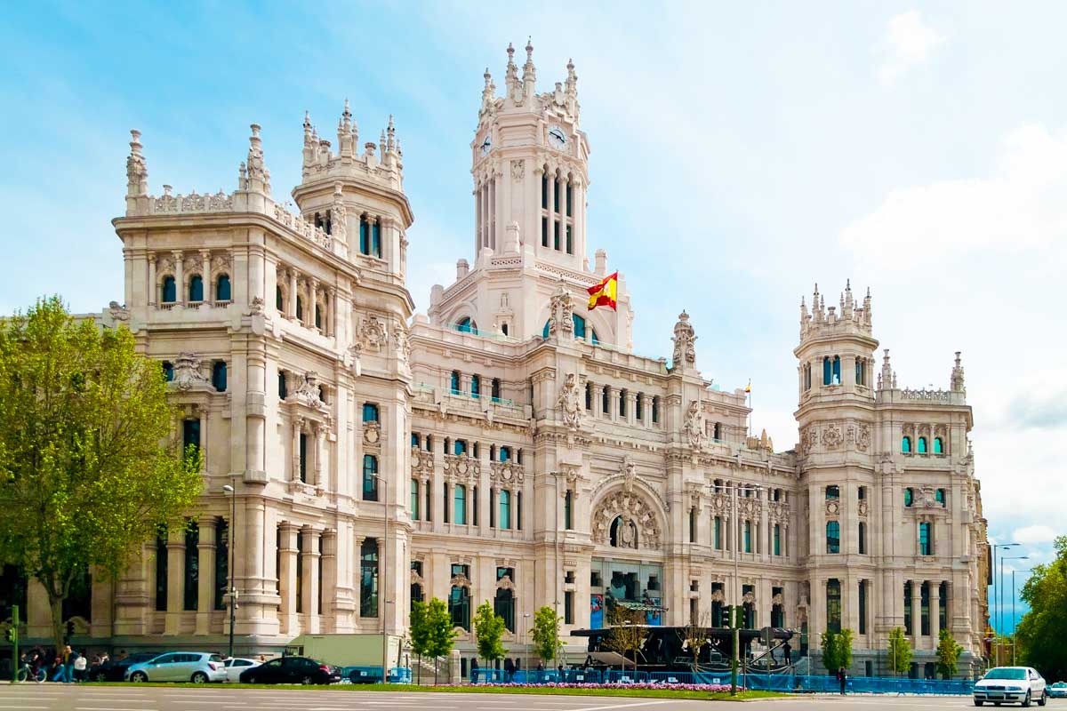 View of Cibeles Palace in Madrid on a sunny day