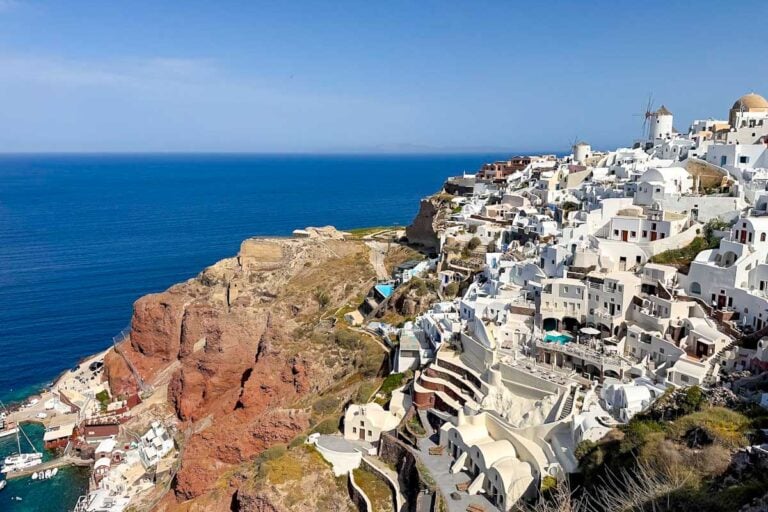 Panoramic view of Santorini's cliffs and caldera in Greece