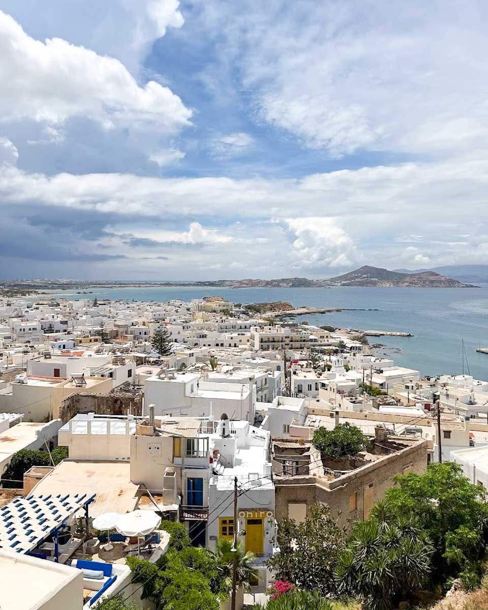 beautiful view of Naxos seen from the Avaton 1739 cafe in Naxos Greece
