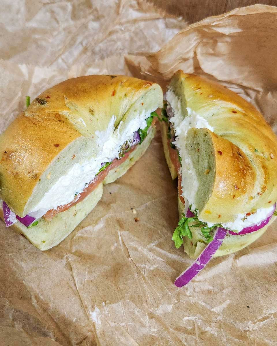 A bagel eaten for breakfast in Canmore, Canada