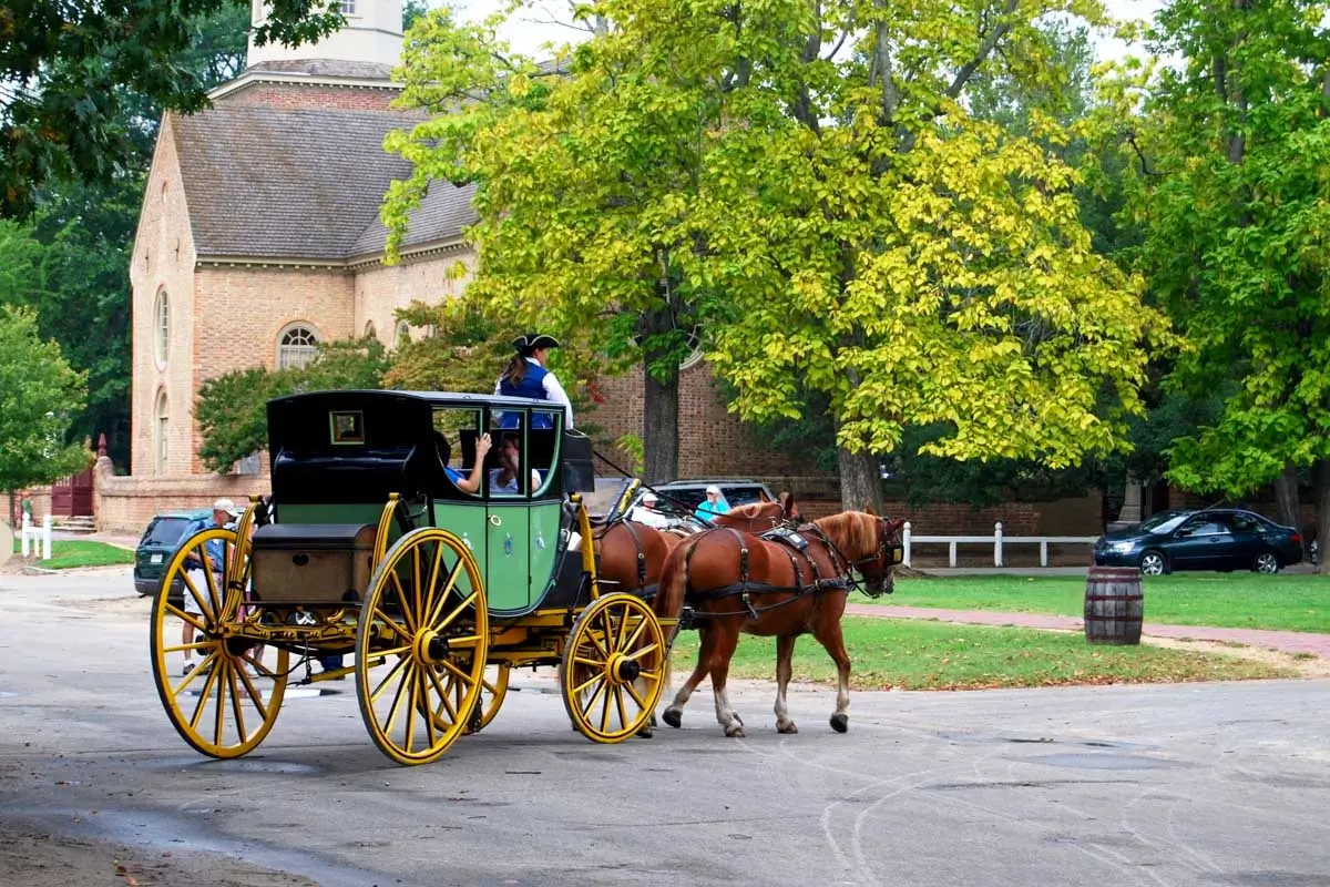 A horse-drawn carriage in Williamsburg on a tour from Virginia Beach, Virginia