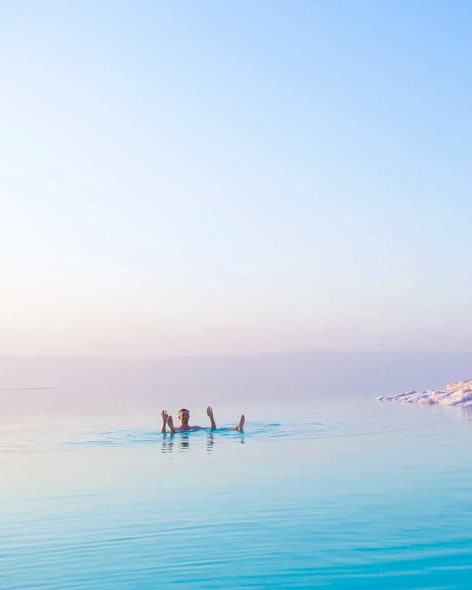 A man floats in the Dead Sea near Petra, Jordan
