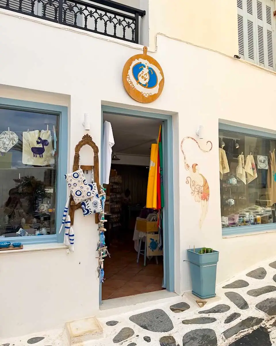 Boutique souvenir shop in Chora Old Market, Naxos, Greece, with local products on display