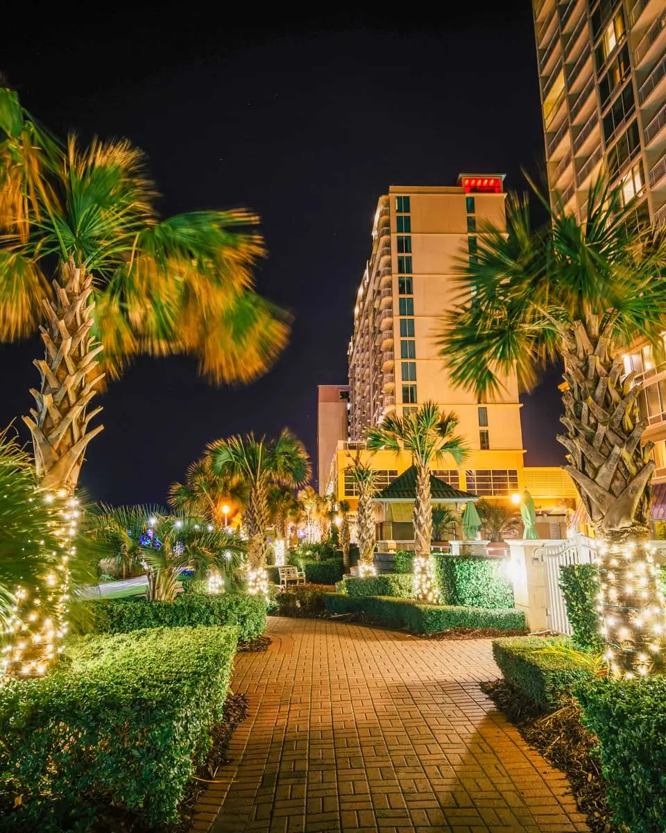 A walkway at night in Virginia Beach, Virginia