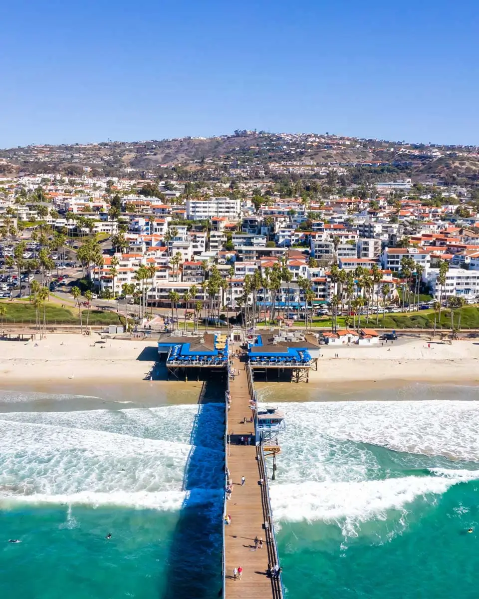 Aerial view of San Clemente California with pier and beach