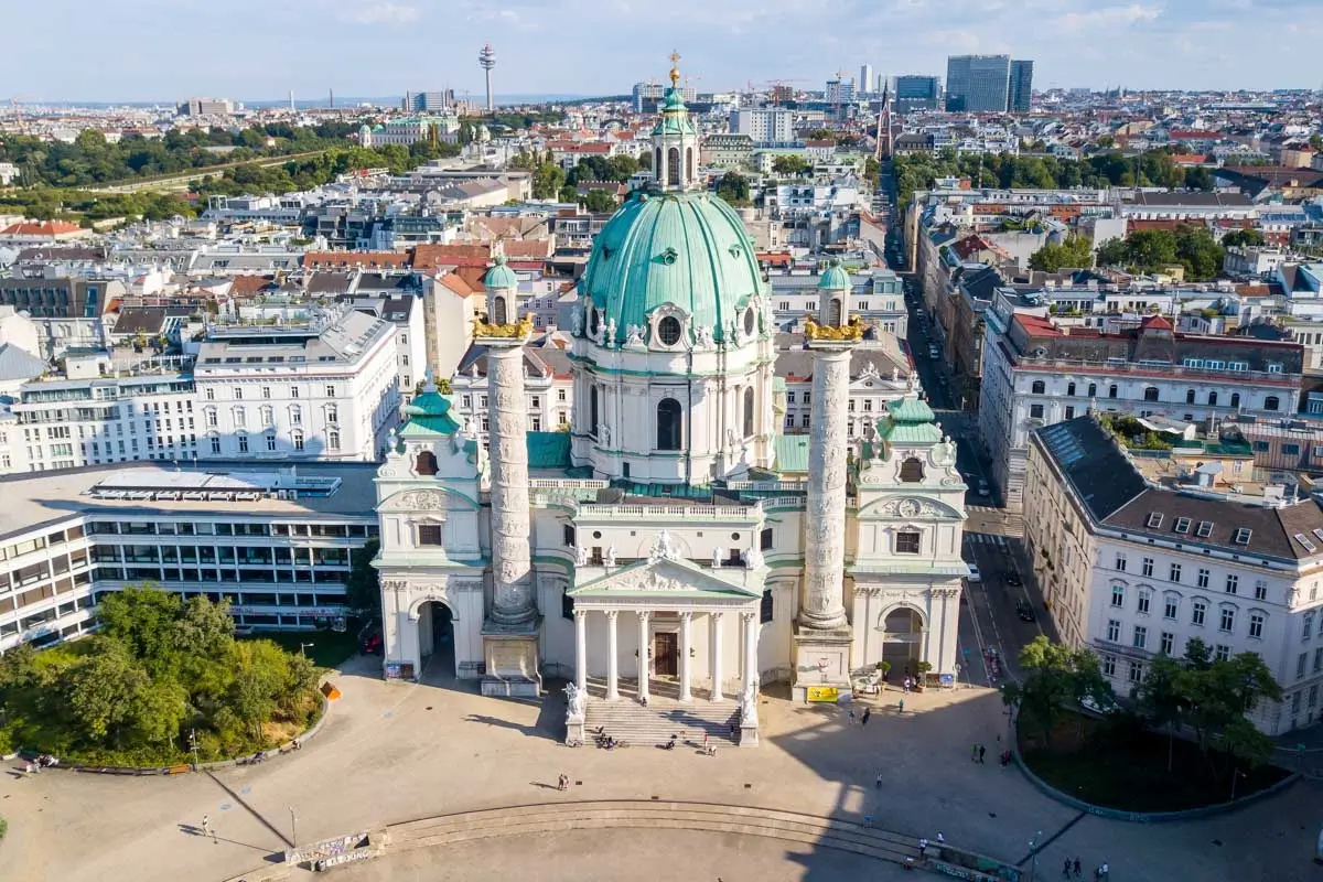 Aerial view of St. Charles Borromeo Church on a sunny day in Vienna, Austria