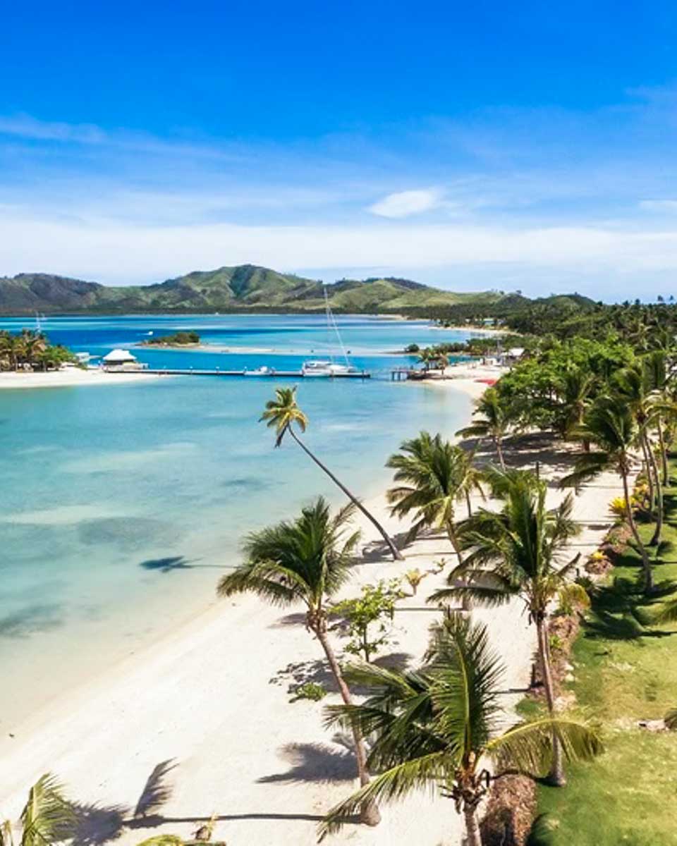 Aerial view of the beach at Musket Cove Island Resort in Fiji