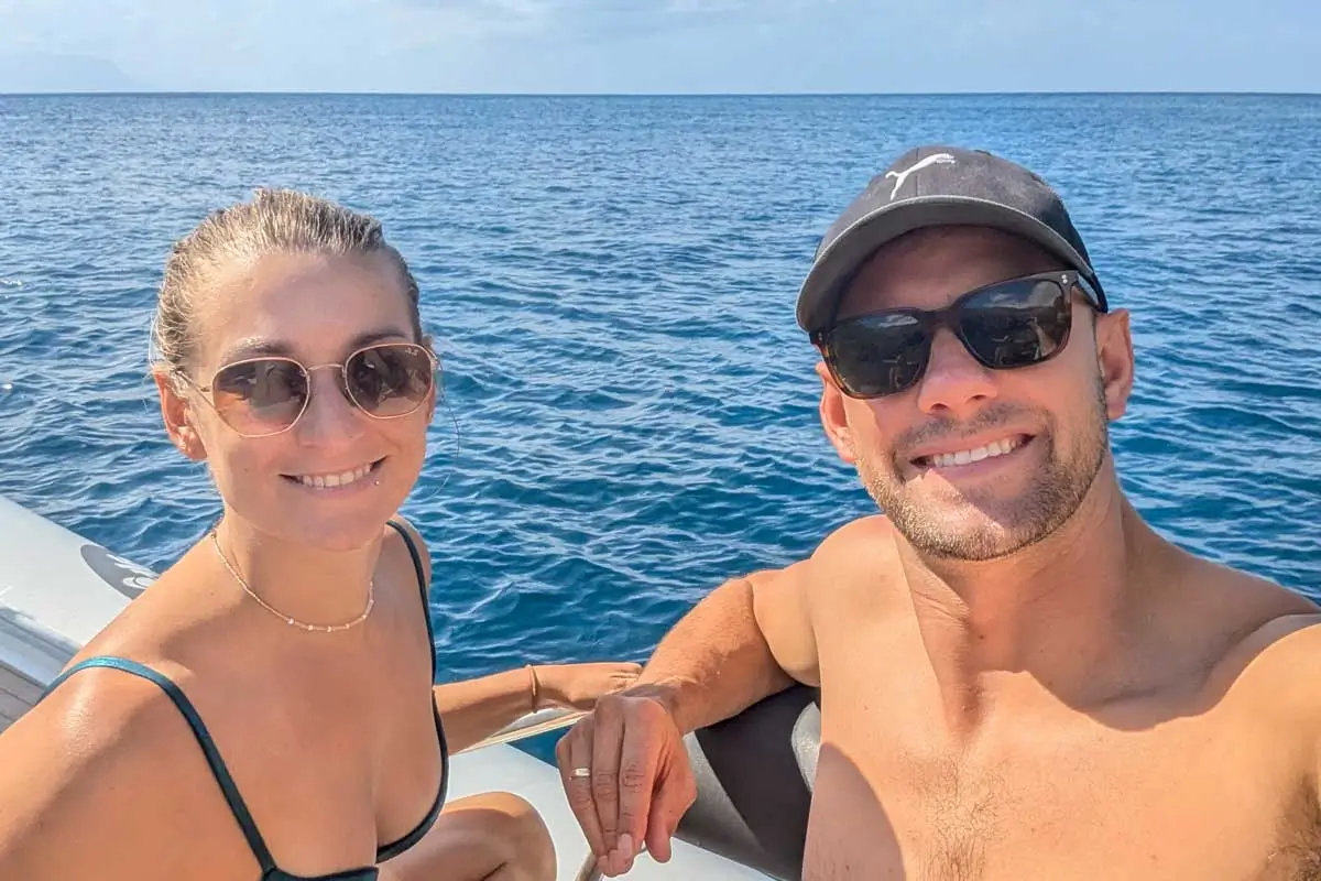 Bailey and Daniel take a selfie on a boat tour from Lecce Italy