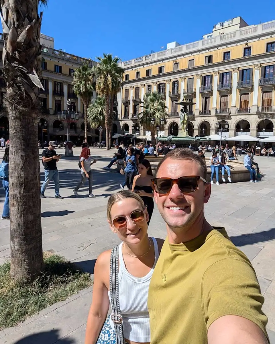 Bailey and Daniel taking a selfie at Plaça Reial (Royal Square) in Barcelona, Spain