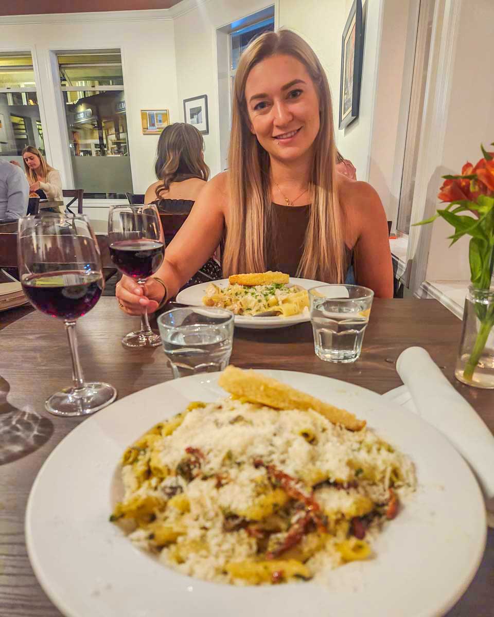 Bailey eats pasta out for dinner in Ottawa Ontario