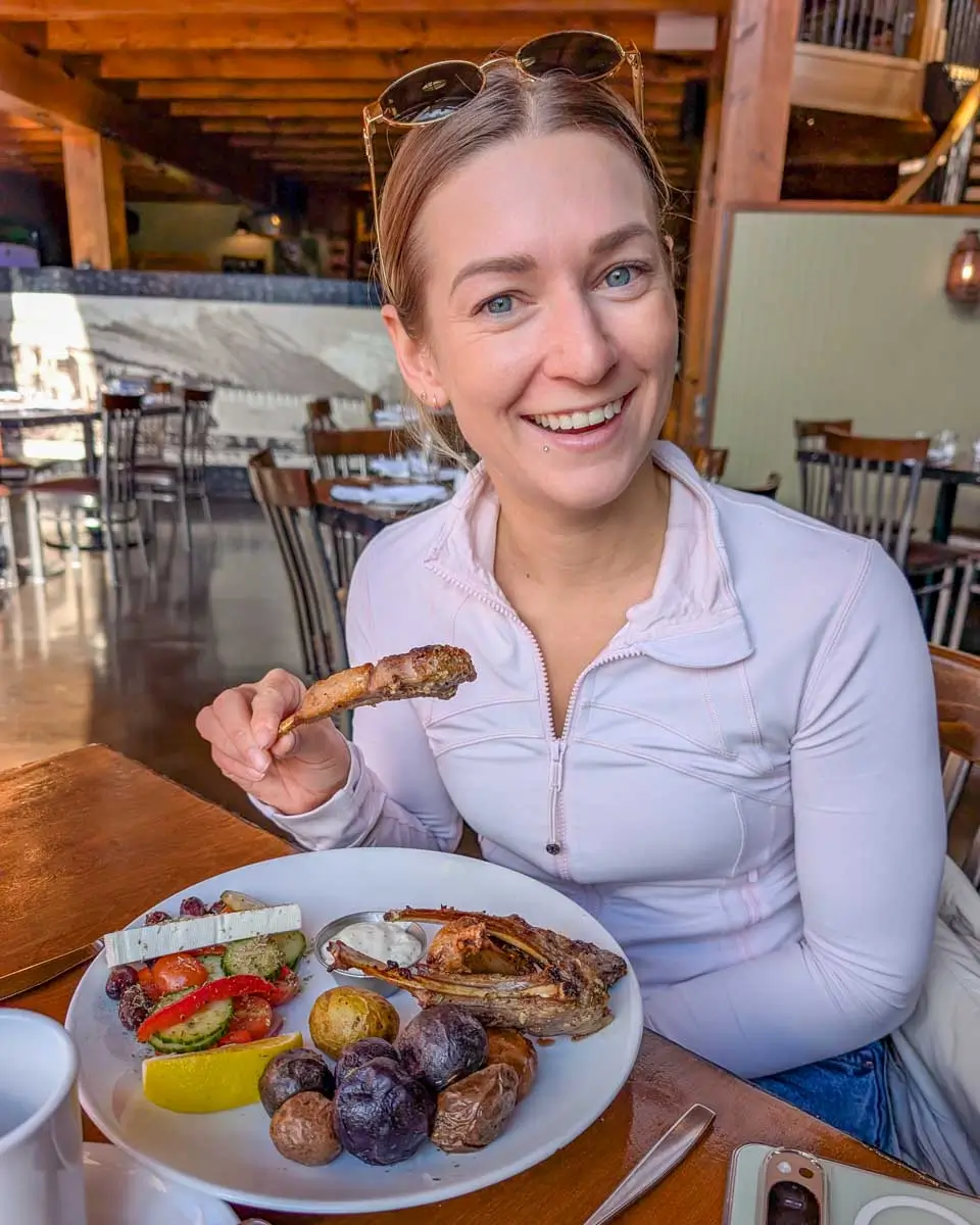 Bailey enjoys a meal in Canmore, Alberta, Canada