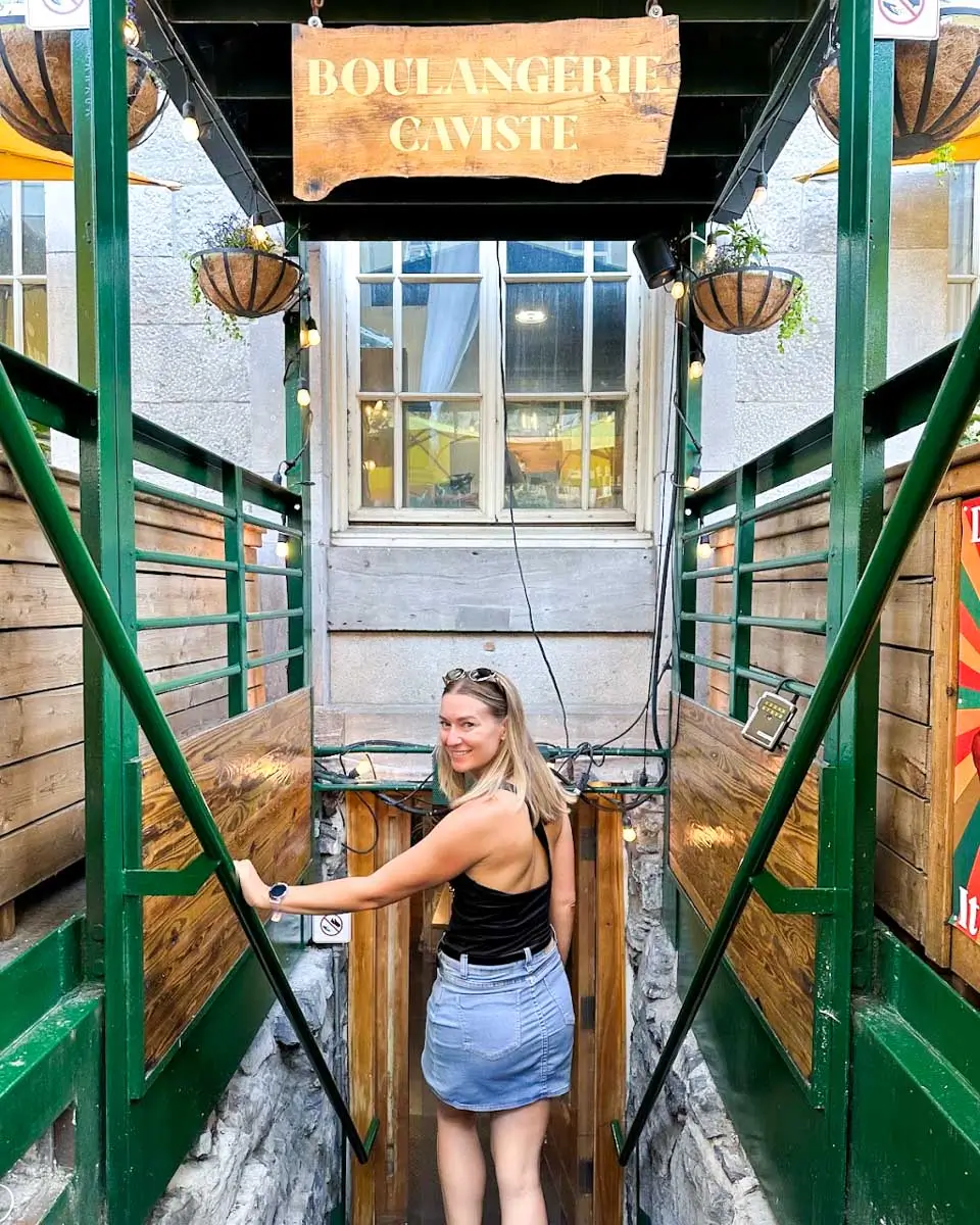 Bailey posing in front of the Boulangerie caviste bakery in Montreal, Quebec