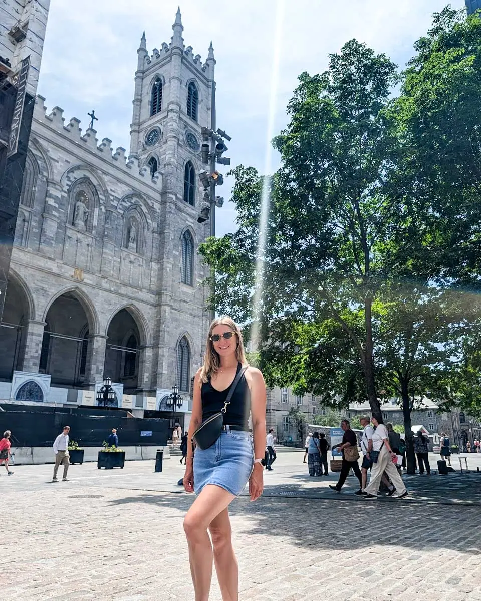 Bailey taking a photo outside the Notre-Dame Basilica Montreal, Quebec