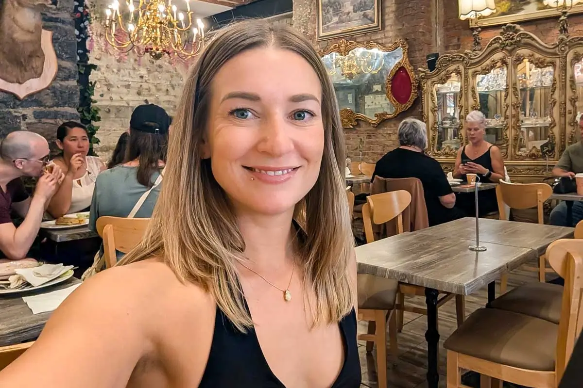 Bailey taking a selfie inside a restaurant in Montreal, Quebec