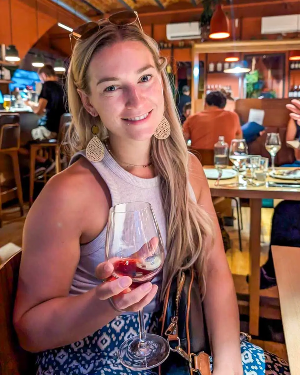 Baily drinking wine in Quebec City