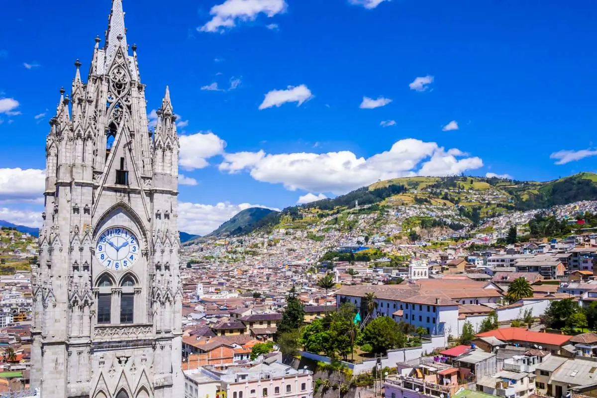 Basilica del Voto Nacional on a clear day overlooking Quito, Ecuador