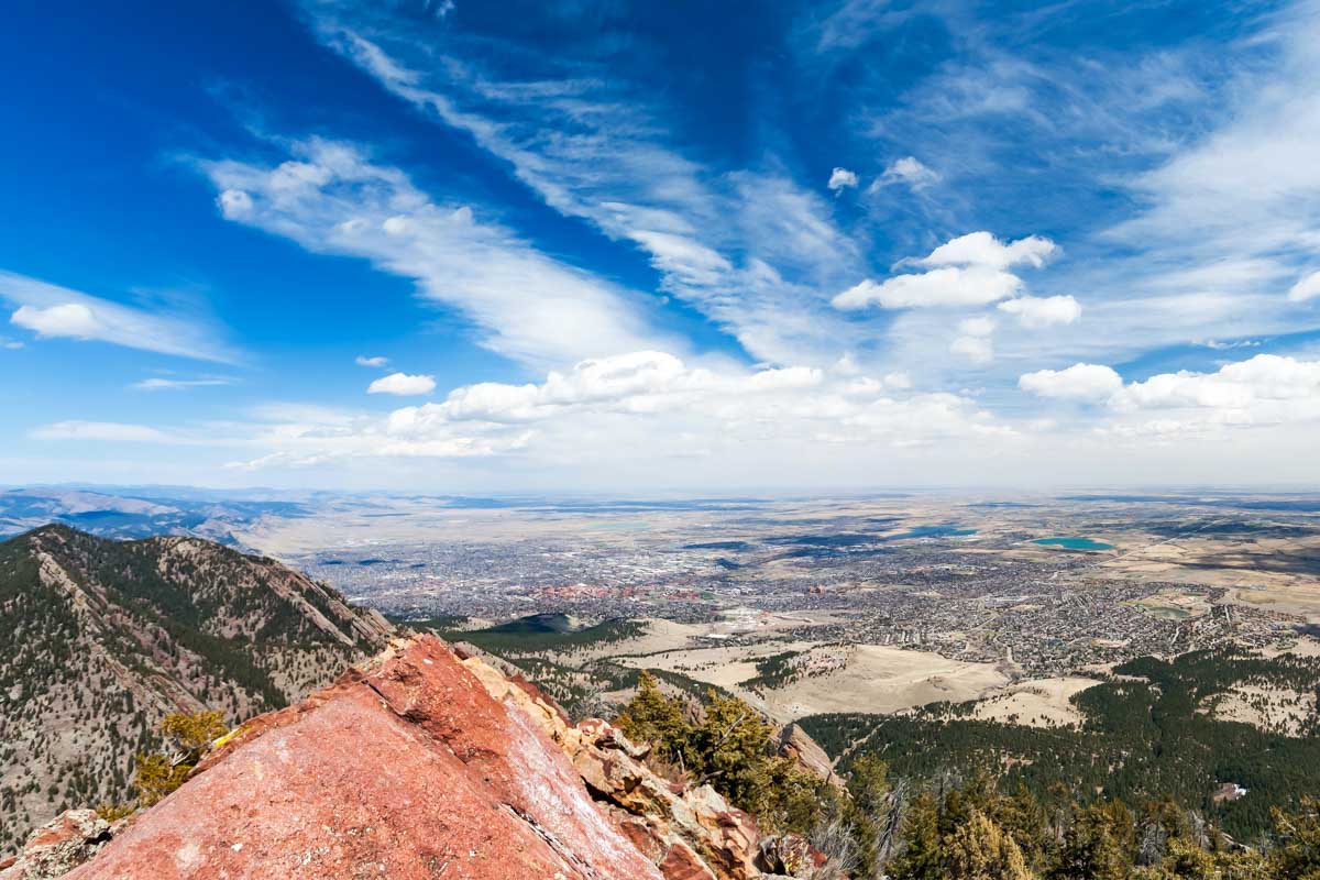 Boulder Colorado overhead view of downtown city landscape